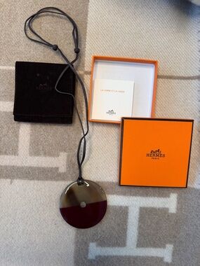 Hermes Two-Tone Round Pendant Necklace in Burgundy & light brown